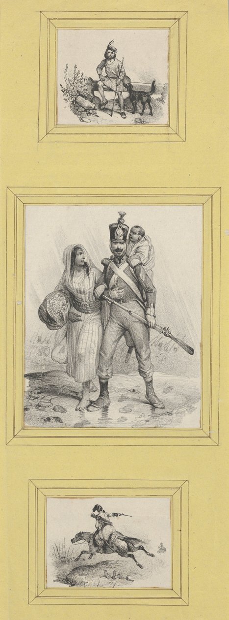 Soldaten und ein Highlander (3 Drucke unterschiedlicher Größe auf ein gelbes Blatt geklebt) 作： ビクター・アダム