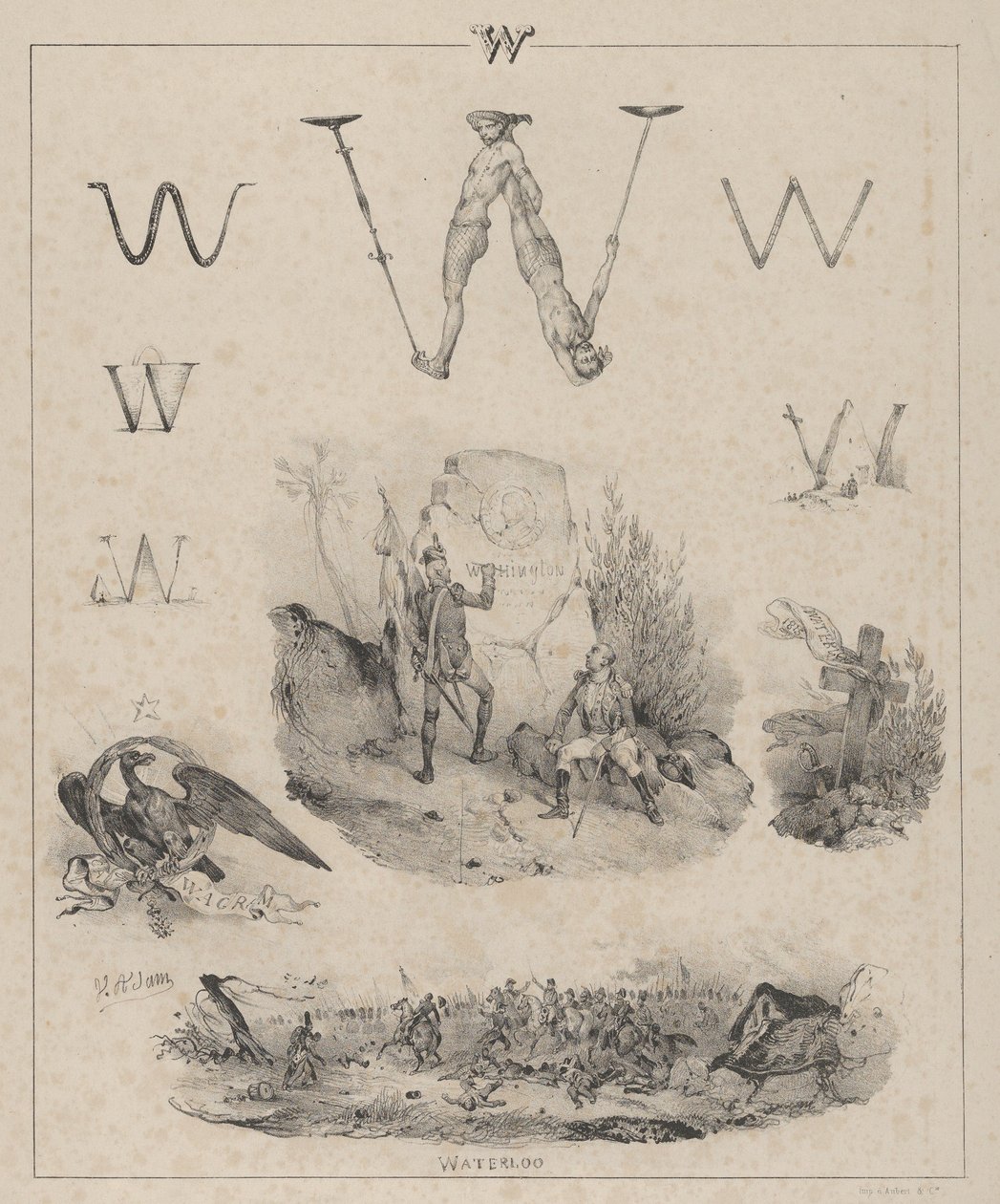 文字 W: ワシントン、ワグラム、ウォータールー、1833 年。 作： ビクター・アダム