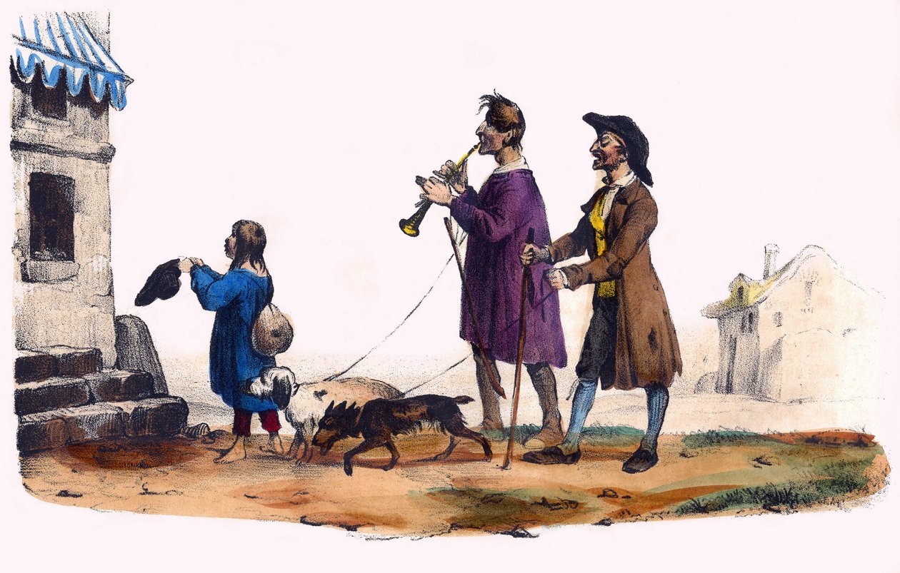 犬に導かれた二人の盲人と乞食の子供。1850年頃、パリで制作されたヴィクトル・アダムのイラストによる「グロテスク・アルバム、傑出したタイプの選択」に収録されています。 作： ビクター・アダム