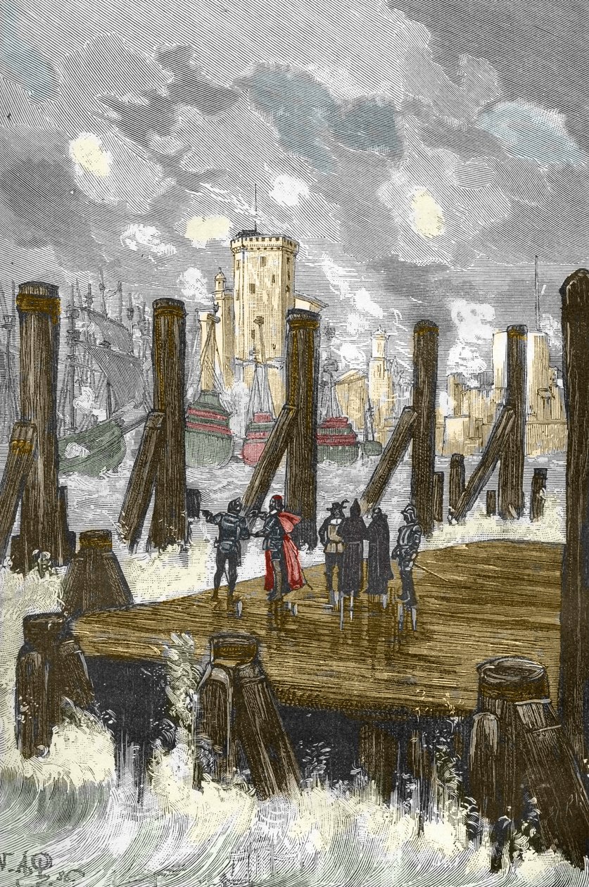 Siege de la Rochelle（1627-1628）：「「リシュリュー枢機卿（1585-1642）は、ラ・ロシェルのダムで、都市の包囲中に、1628年10月にプロテスタント軍の軍隊を配置しました」-リシュリュー枢機卿 1628 年 10 月のラ ロシェル包囲戦で) Engravi 作： ビクター・アーマン・ポワソン