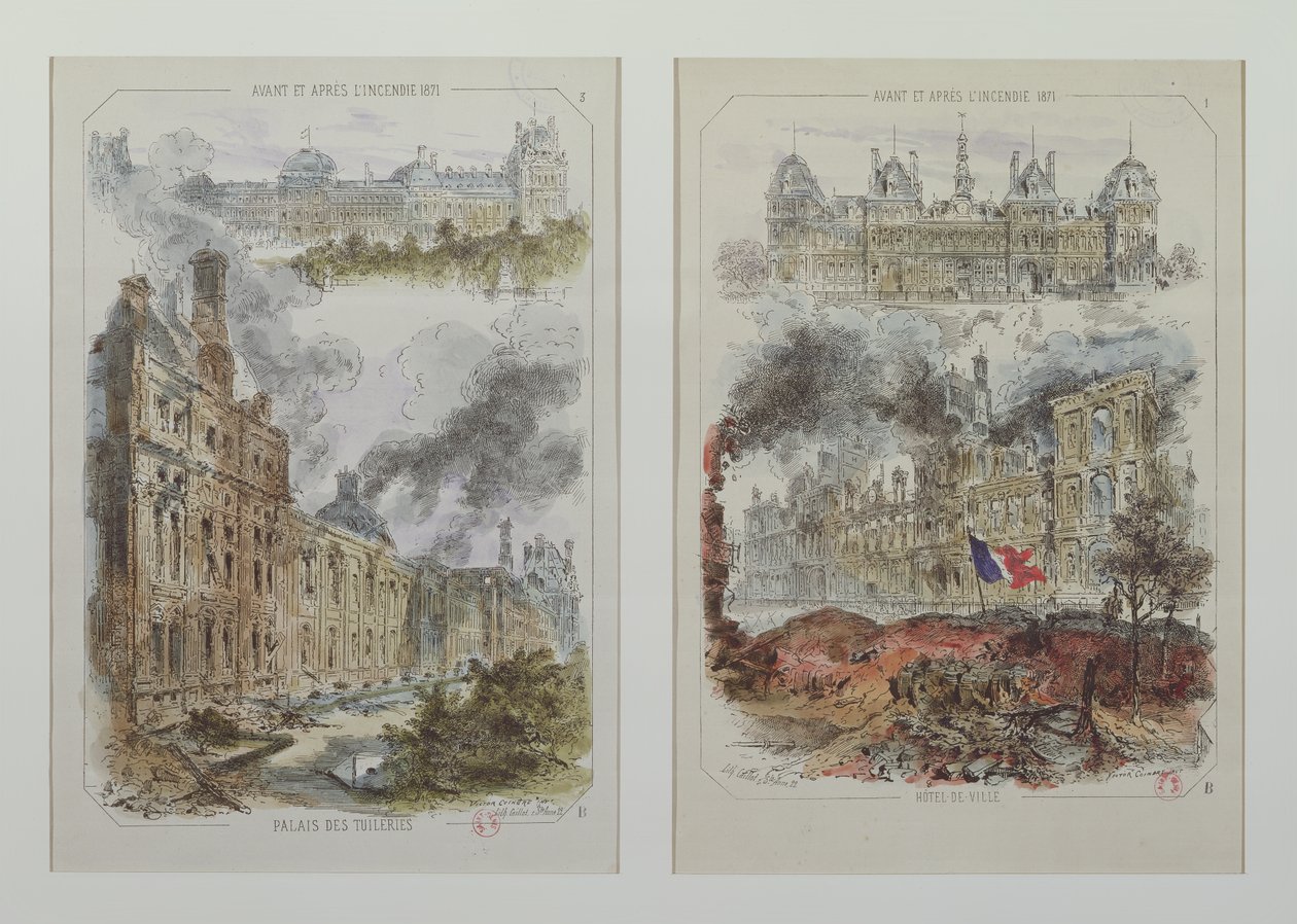 1871年の火災前後のチュイルリー宮殿とオテルドヴィルの景色 作： ビクター・コインドル
