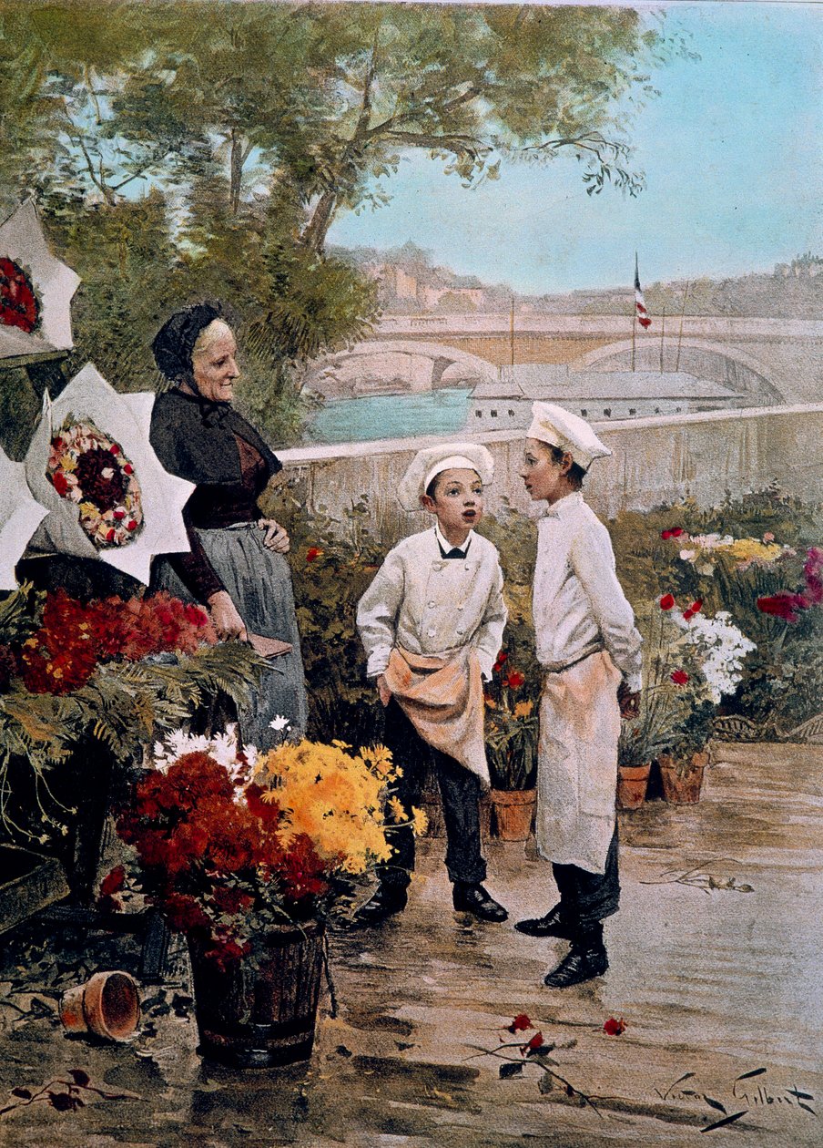 パトロンのパーティー 見習いの花屋と波止場の花屋。ヴィクター・ガブリエル・ギルバート（1847-1933）の絵の後のエングレーヴィング 19世紀パリ、装飾美術 作： ヴィクトール・ガブリエル・ギルバート