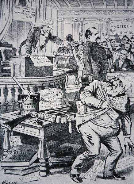 グローバー・クリーブランド（1837-1908）は私生活の真実を語り、対戦相手のジェームズ・ブレイン（1830-93）は腐敗していると描かれている。 作： ヴィクター・ギラム