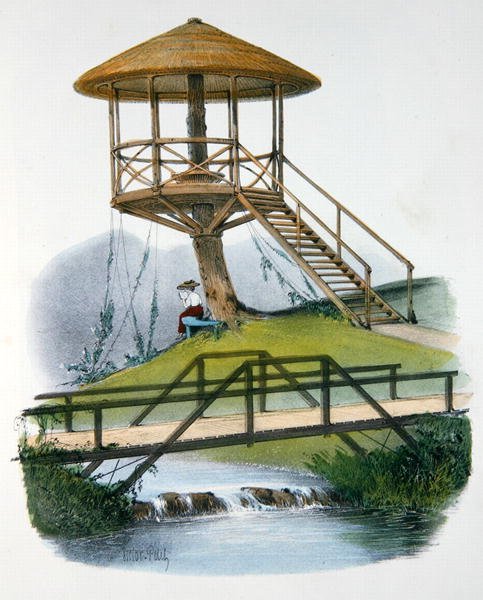 ブルゴーニュ、ラ・モット公園の小屋と田舎風の橋、1895年頃、パリで出版された「Habitations Champetres」のイラスト（クロモリト） 作： ビクタージャン-バプティスト（後）プチ