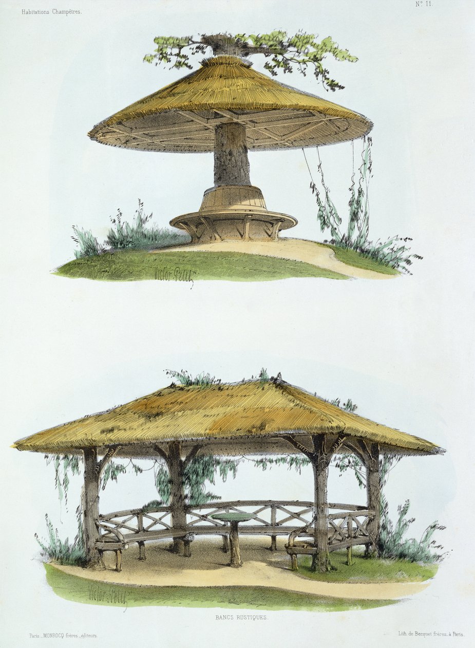 &39;Habitations Champetres&39;の素朴なベンチが1855年頃に出版されました（クロモリソグラフ） 作： ビクタージャンバプティストプチ