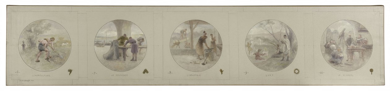 パリ市役所のロバウ・ギャラリーのスケッチ：農業。商業産業芸術。科学、1890年（鉛筆、油彩、キャンバス） 作： ヴィクトル・ジャン・ピエール・マジス