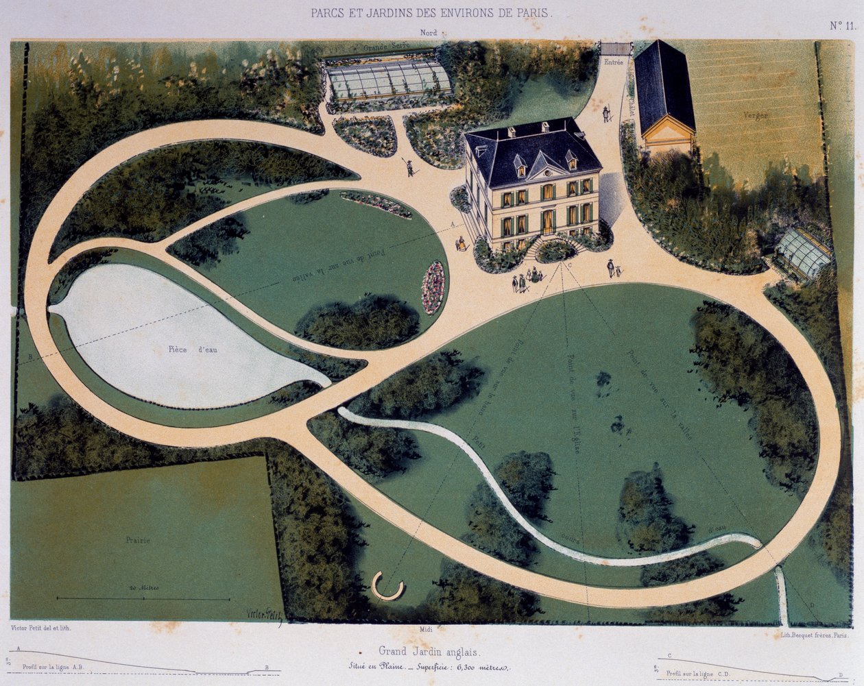 6300 平方メートルの大きなイングリッシュ ガーデン、Parcs et Jardins des environs de Paris (パリ周辺の公園と庭園) からのイラスト、Ca 1850、Victor Petit (1818-1871) 作のリトグラフ、フランス 作： ビクタープチ