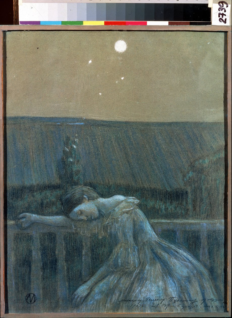""The Sorrow"" (悲しみ) 手すりにもたれかかって必死になっている少女。 Viktor (Victor) Elpidiforovich Borisov-Musatov (Borisov Musatov) (1870-1905) (symbolism) による水彩画とパステル画 1903 セルプホフ国立歴史美術館 (セルプホフ)。 作： ヴィクトル・エルピディフォロヴィチ・ボリソフ・ムサトフ
