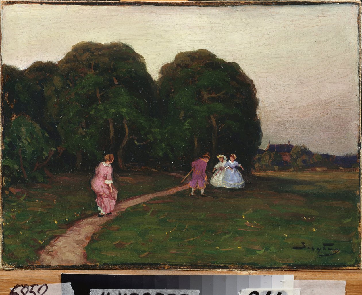 庭で。 Viktor Ivanovich Zarubin (Victor Zaroubine または Zaroubin) (1866-1928) による絵画、キャンバスに油彩。 ロシア美術 作： ヴィクトル・イワノビッチ・ザルビン