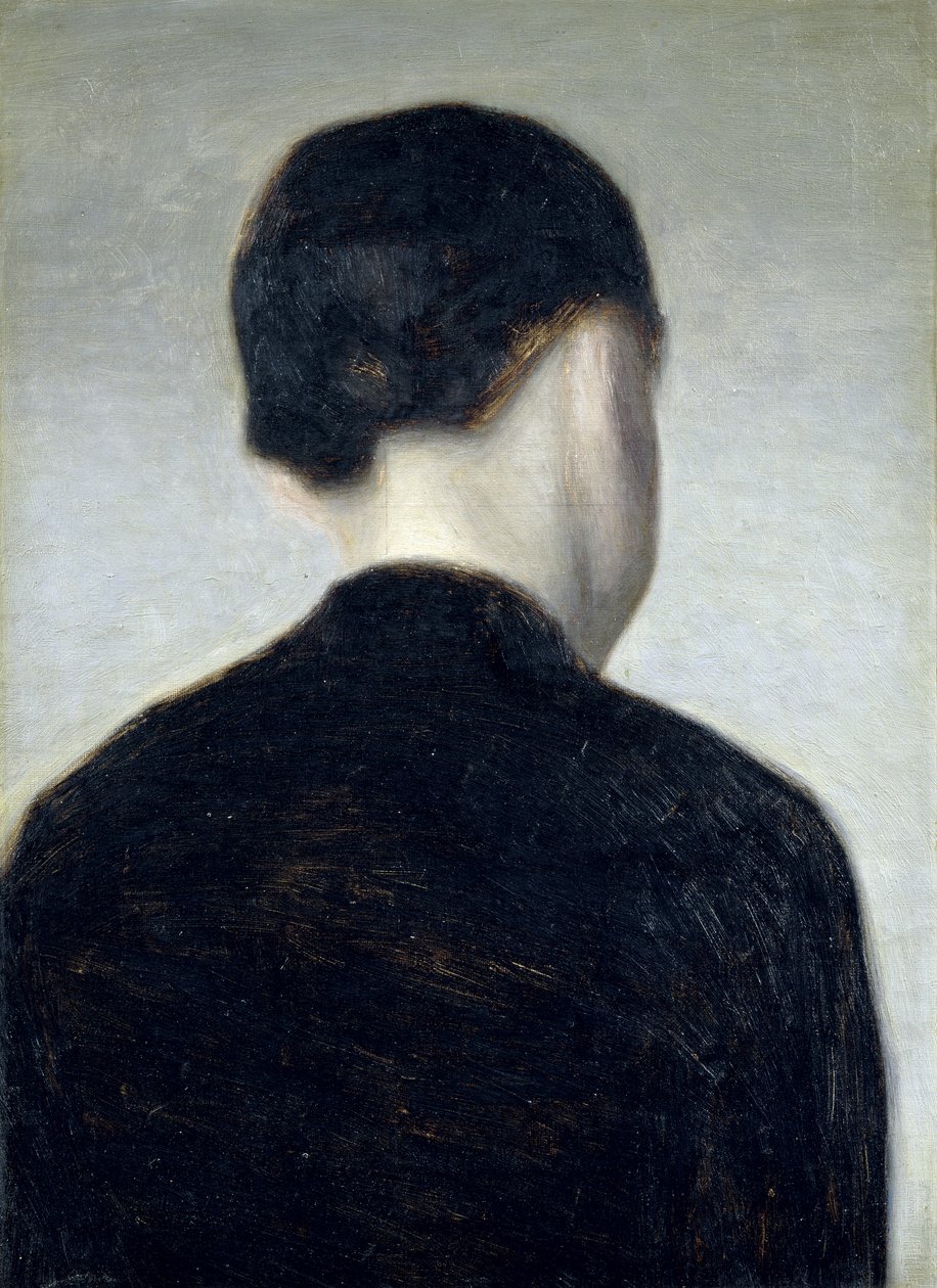 後ろから見た着席図（Anna Hammershoi）1884（キャンバスに油彩、ボードに敷設） 作： ヴィルヘルム・ハンマースホイ