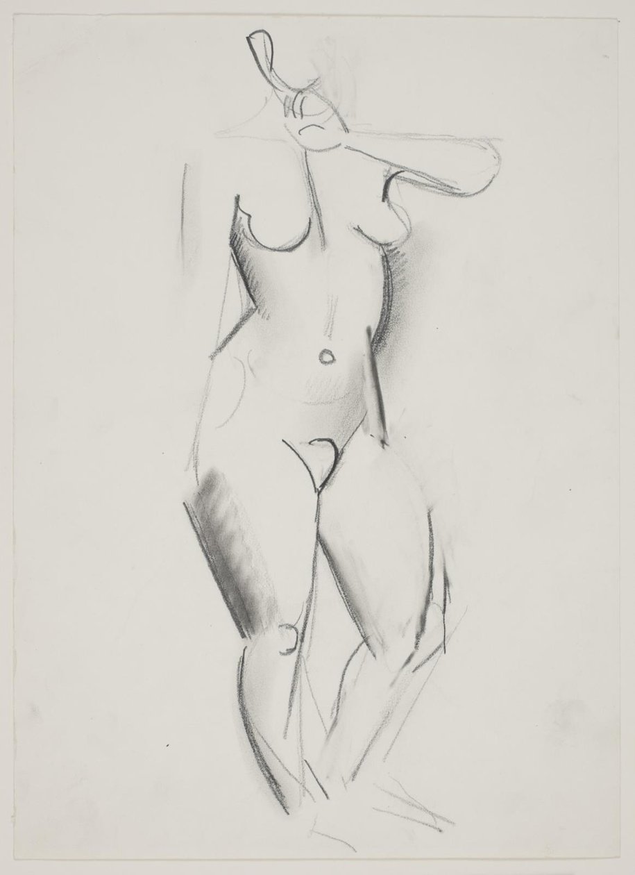左手を口に当てて立っている女性モデル 作： Wilhelm Lundstrom