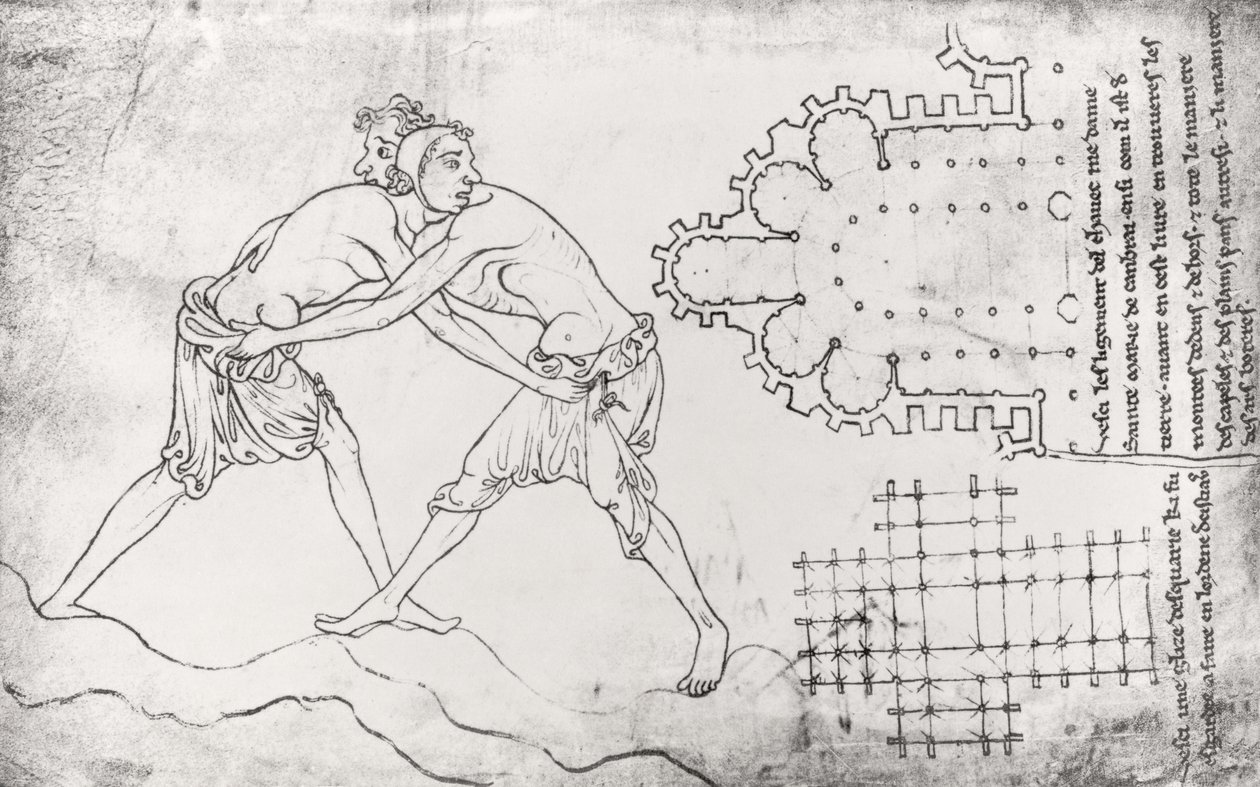 Ms.Fr.19093 fol.14v 2人のレスラー、シトー会教会の計画、ノートルダムドカンブレ合唱団の計画（ファクシミリコピー） 作： ヴィラールドオンヌクール