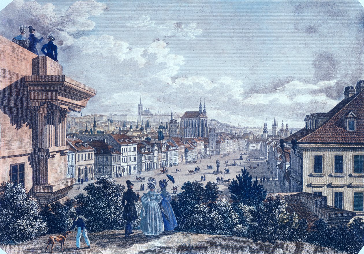 プラハのヴァーツラフ広場の馬市場、1835年（色鋼彫刻） 作： ビンセンクとガイスラー、F。モルシュタット