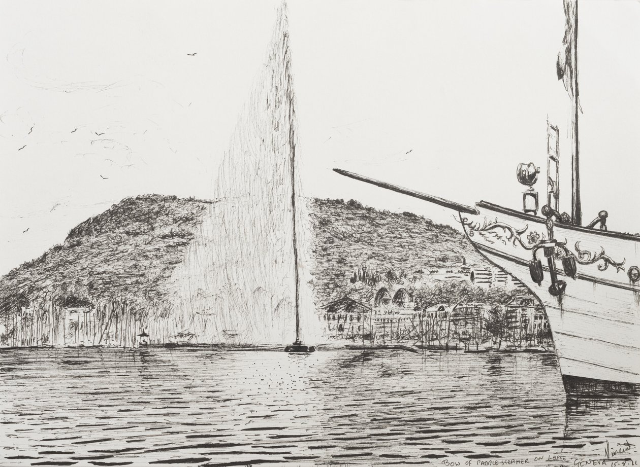 ジュネーブの噴水とプレジャークルーザーの弓、2011年（Ink on Paper） 作： ヴィンセントアレクサンダーブース