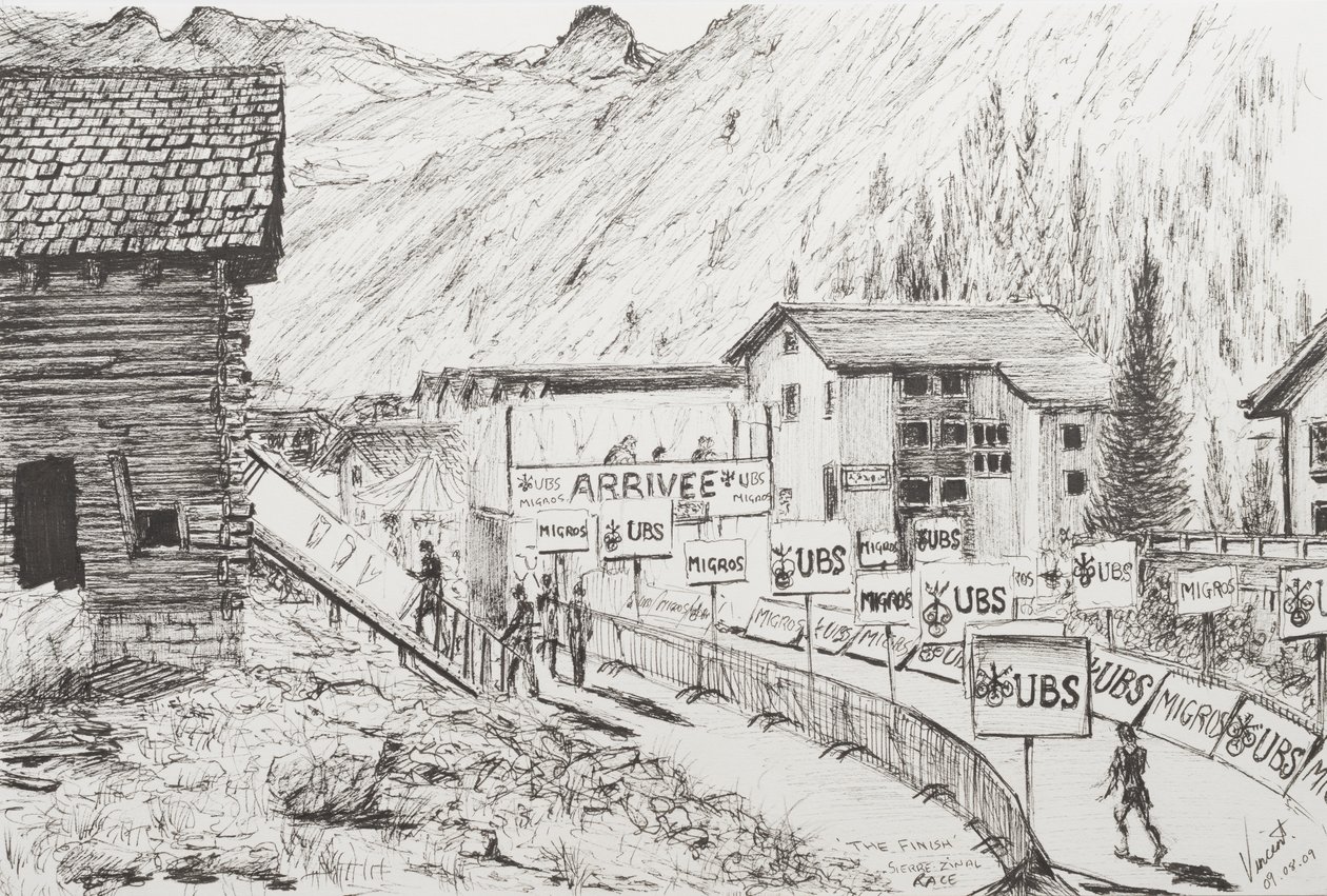 Sierre to Zinal Mountain Race、The Finish、2009、（Ink on Paper） 作： ヴィンセントアレクサンダーブース
