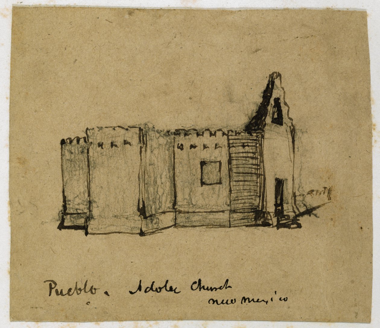 プエブロ、アドビ教会、ニューメキシコ、1869-71（紙にインク） 作： ヴィンセント・コリア