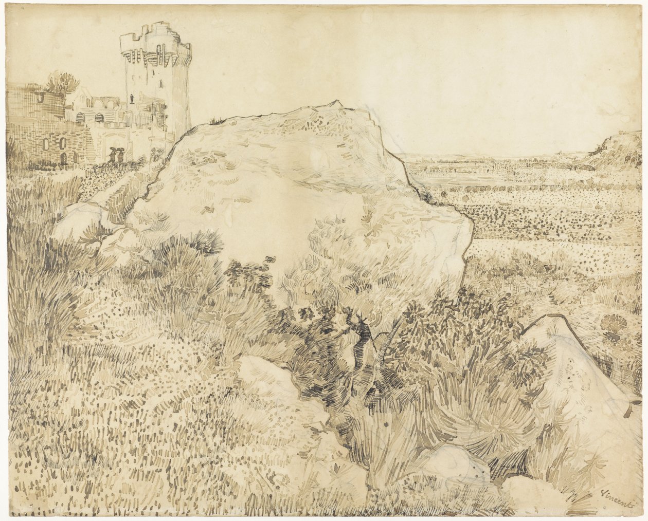 アルルのモンマジュール修道院の風景、1888年（紙にペン） 作： ヴィンセント・ヴァン・ゴッホ
