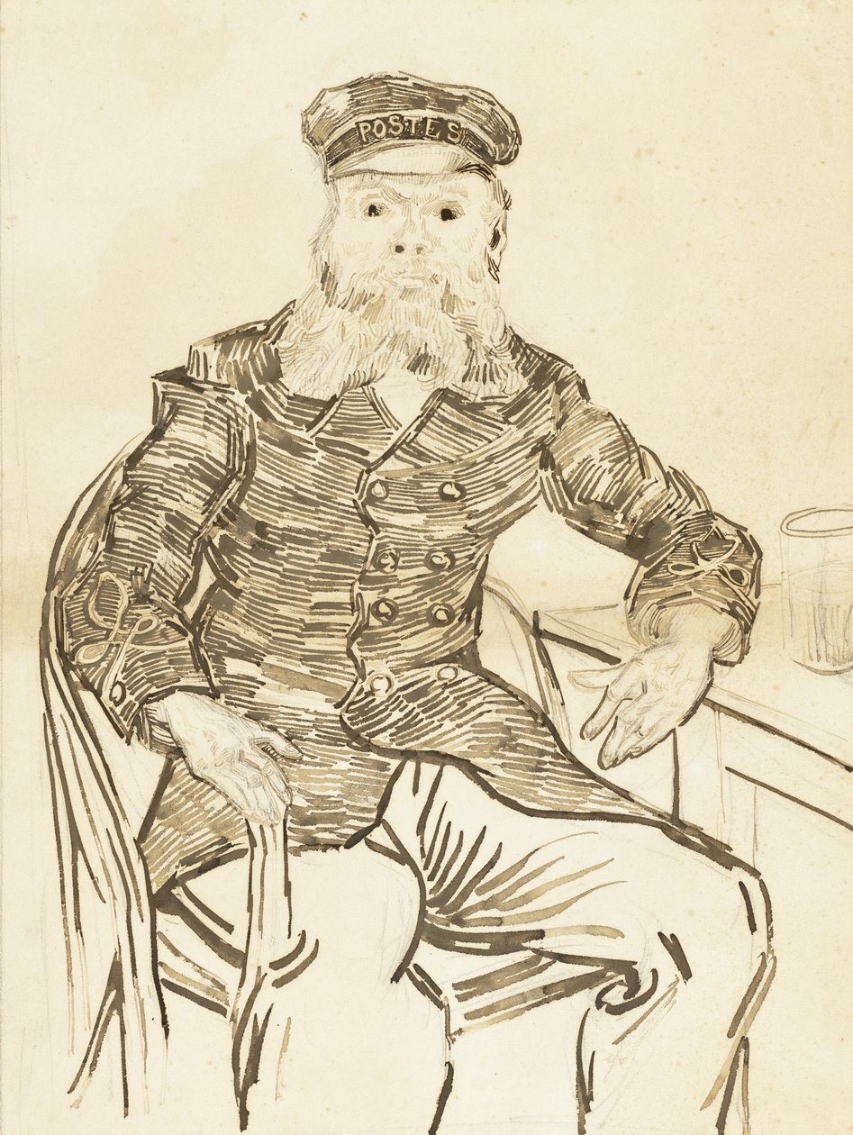 郵便配達員ジョセフ・ルーリン、1888年（紙の黒鉛の上に茶色のインク） 作： ヴィンセント・ヴァン・ゴッホ