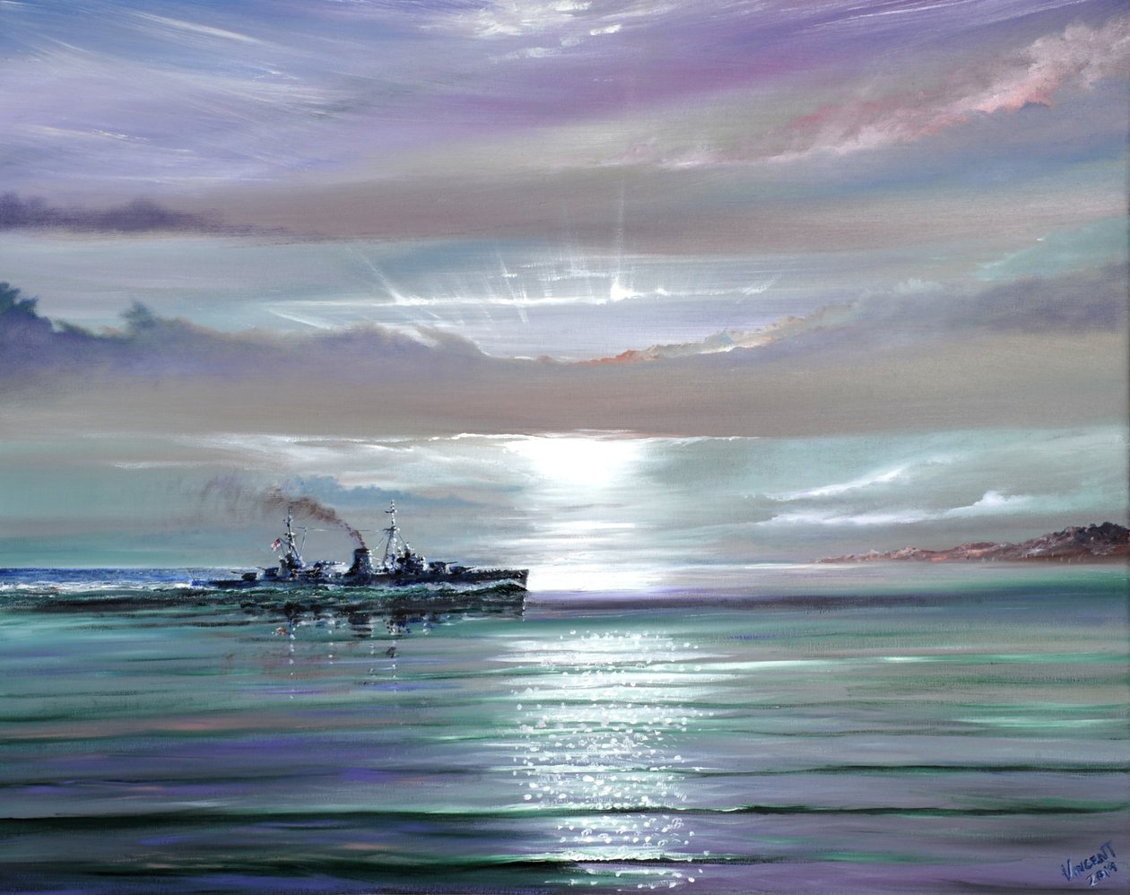 HMSネプチューン、地中海 1941年12月、2019年（油彩・キャンバス 作： ヴィンセントアレクサンダーブース