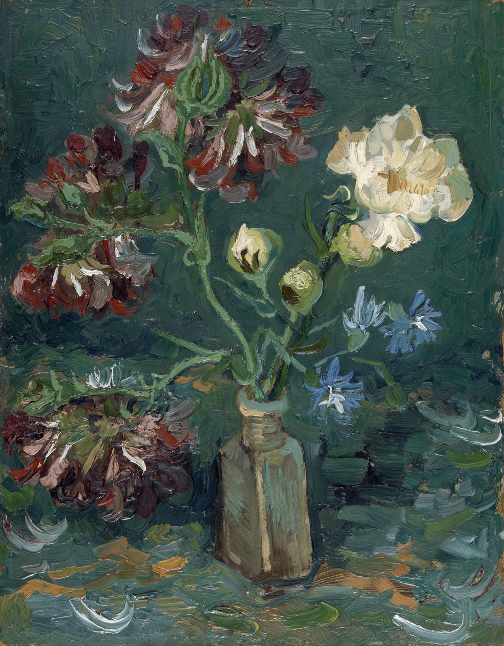 牡丹と青いデルフィニウムの入った瓶 (bouteille avec pivoine et delphinium bleu) par Gogh, Vincent, van (1853-1890).厚紙に油彩、サイズ：34,5x27 作： ヴィンセント・ヴァン・ゴッホ