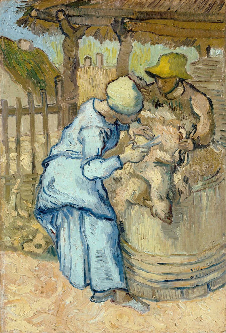 羊の毛刈り - ヴィンセント・ヴァン・ゴッホ (1853-1890) の絵画、ジャン・フランソワ・ミレー (1814-1875) の後、キャンバスに油彩 作： ヴィンセント・ヴァン・ゴッホ