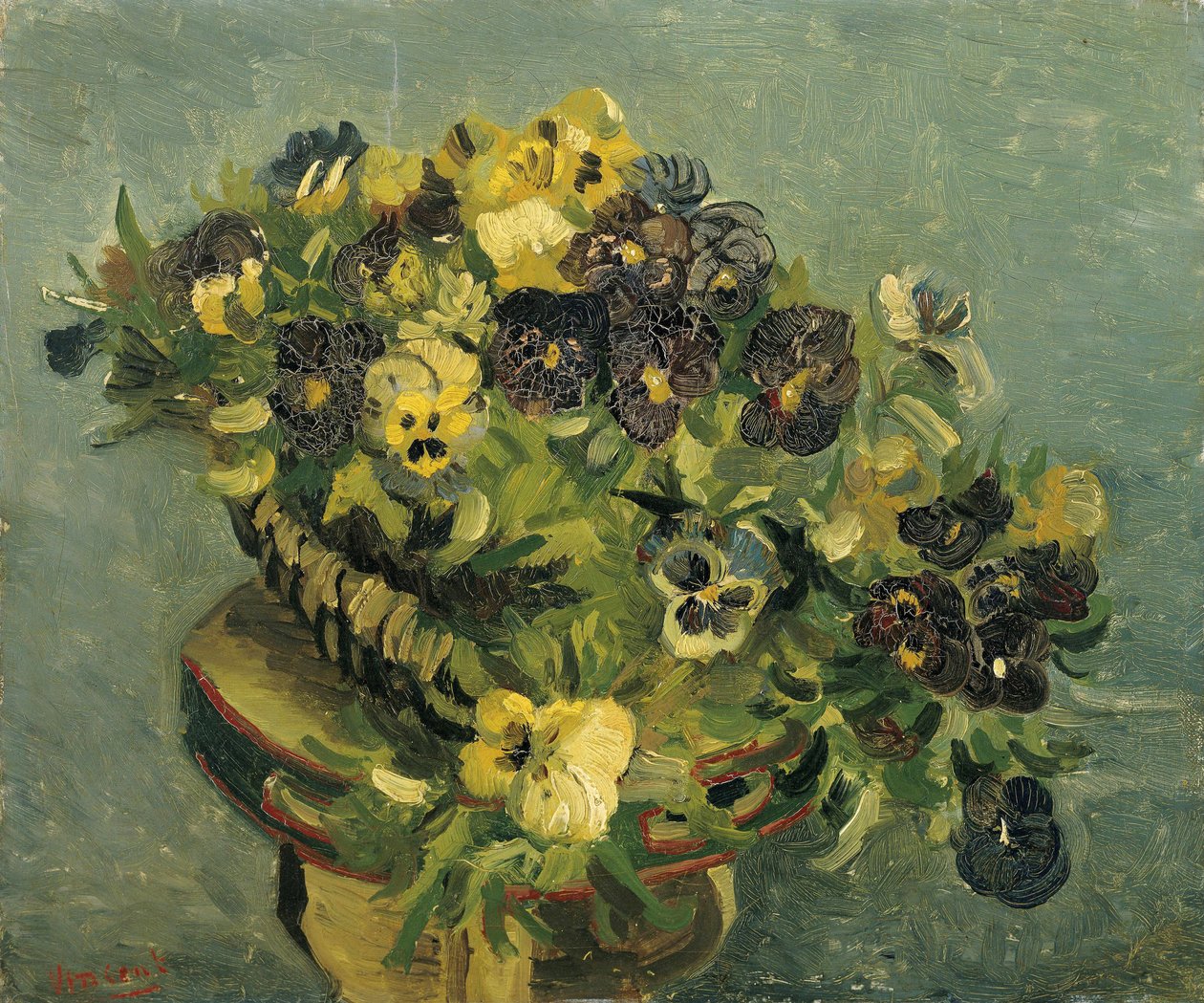 「パンジーのバスケット」(パンジーのバスケット) Vincent van Gogh (1853-1890) による絵画 1886 Dim 46x55.5 cm cm ゴッホ美術館、アムステルダム 作： ヴィンセント・ヴァン・ゴッホ
