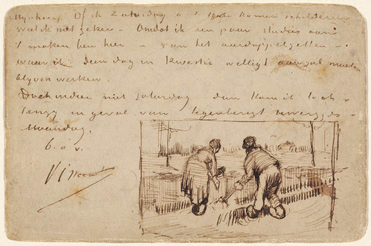 1885年の2人の農民の掘り込みの絵葉書（はがきにペンと茶色のインク） 作： ヴィンセント・ヴァン・ゴッホ