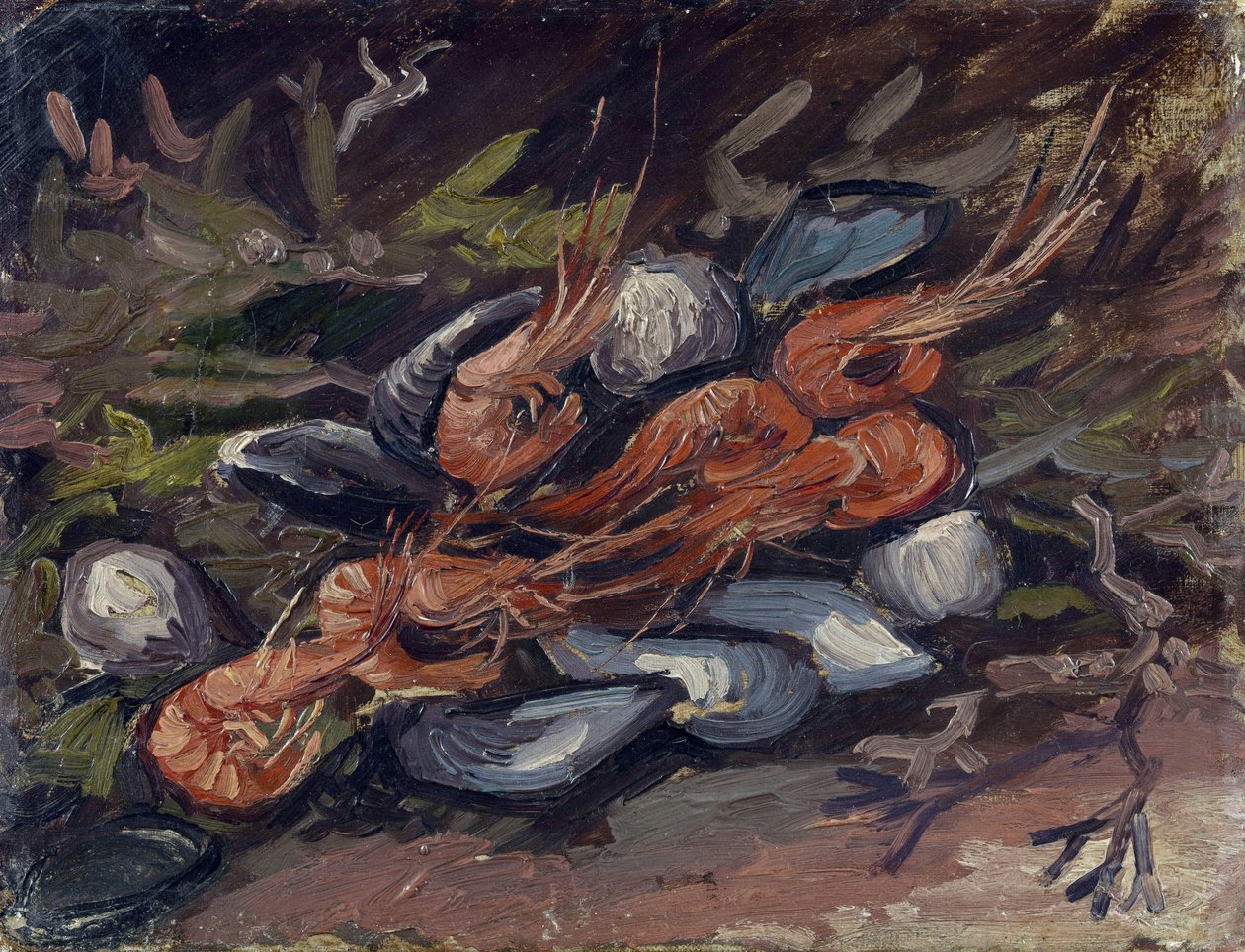 海老とムール貝（crevettes et moules） par Gogh, Vincent, van (1853-1890).キャンバスに油彩、サイズ：26,5x34,8 作： ヴィンセント・ヴァン・ゴッホ