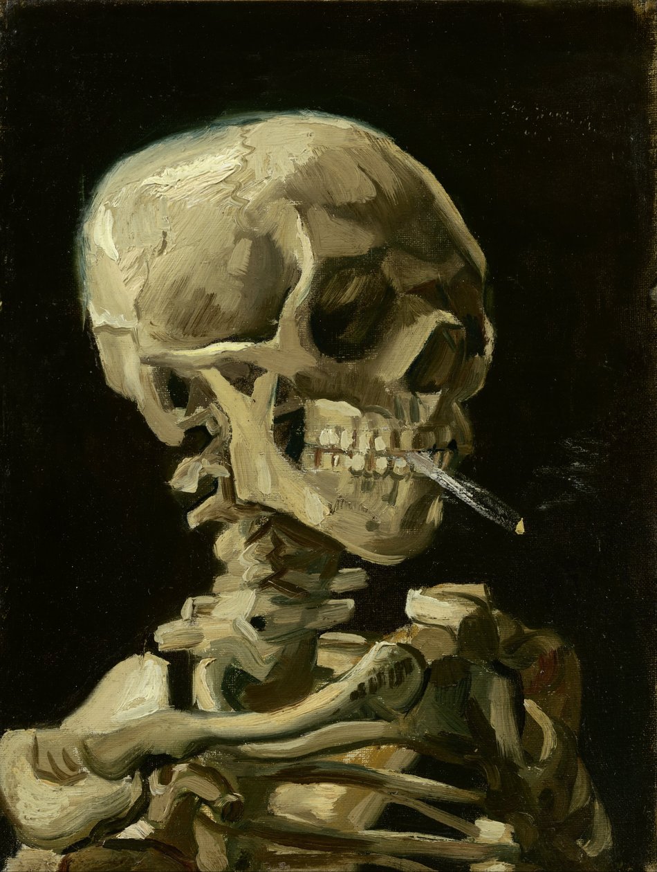 燃えるタバコのある骸骨の頭蓋骨、1886年頃（キャンバスに油彩） 作： ヴィンセント・ヴァン・ゴッホ