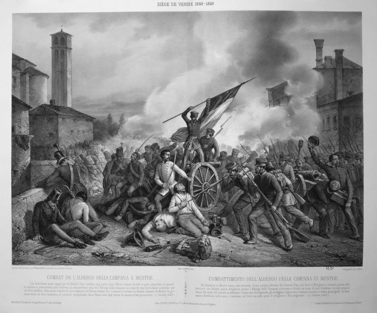 1848年10月27日、メストレのアルベルゴ・デラ・カンパーナの戦い（1848-9年のヴェネツィア包囲戦）（リトグラフ 作： ヴィンチェンツォ（後）ジャコメッリ