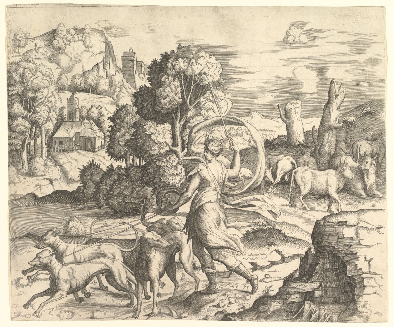 風景の中のハントレス、ダイアナ。 1530-42。 作： Vincenzo Caccianemici