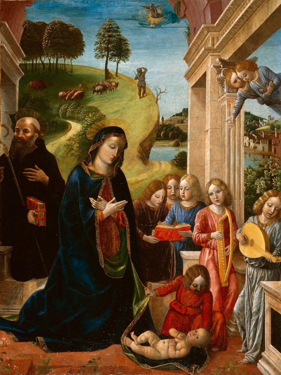 聖ベネディクトと天使との子供の崇拝、c.1478（キャンバス上のテンペラ） 作： ヴィンチェンツォ・フォッパ