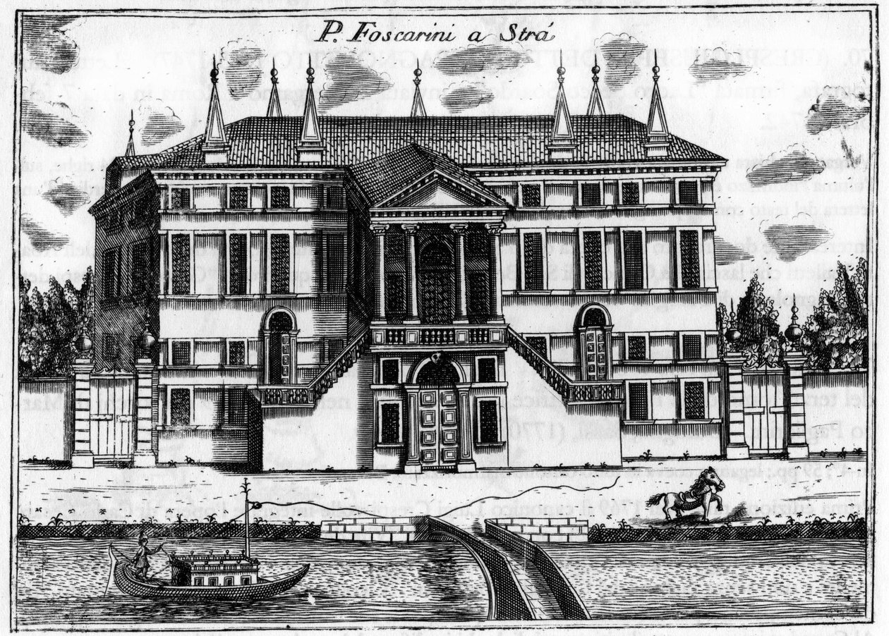 ヴィンチェンツォ・コロネリ（1650-1718）の「ヴェネツィアの特異点」に登場するヴェネツィア近郊の宮殿（パラッツォ）フォスカリーニ・ア・ストラ。 作： ヴィンチェンツォ・マリア・コロネリ