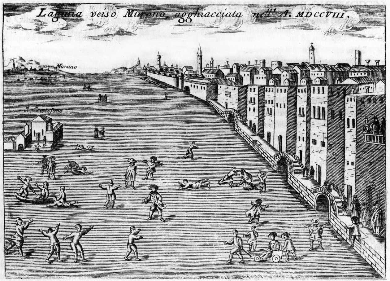 イタリア・ヴェネツィア1708年、Vincenzo Coronelli（1650-1718）の「Singolarita di Venezia」に描かれた村野の氷に向かうルグネ。 作： ヴィンチェンツォ・マリア・コロネリ