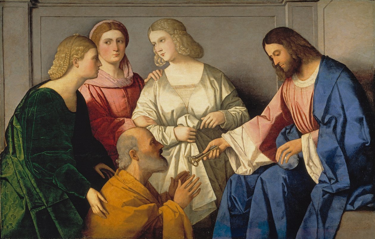 La Remise des clefs a saint Pierre - キリストがサン・ピエトロに鍵を渡す - Catena, Vincenzo di Biagio (ca. 1470-1531) - c. 1520 - 木に油彩 - 86x135 - Museo del Prado, Madrid 作： ヴィンチェンツォディビアジオカテナ