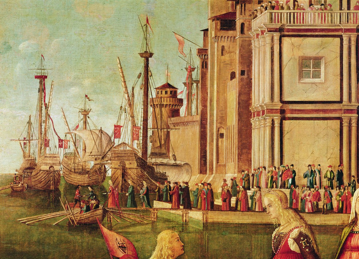 聖ウルスラサイクルからのエテリアスとウルスラの会合と巡礼者の出発の詳細、c.1490-96（詳細は56472） 作： ヴィットーレカルパッチョ