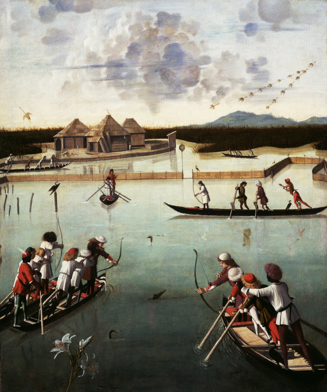 ラグーンでの狩猟、c.1490-5（パネルに油彩） 作： ヴィットーレカルパッチョ