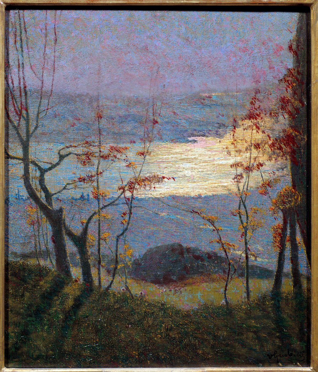 おはようございます。木々のある秋の風景。ヴィットーレ・グルビシー・ディ・ドラゴン（1851-1920）の絵画 Ec.イタリア、20世紀。キャンバスに油彩。薄さ：0.47 x 0.41m。パリ、オルセー美術館（Musee d