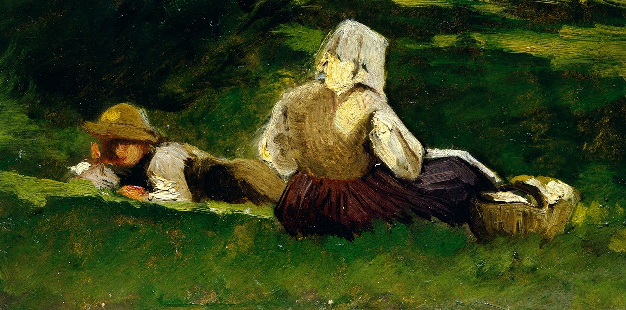 Vittorio Avondo (1836-1910) による、草の上に横たわる座っている女性と少年。 作： ヴィットリオ・アボンド