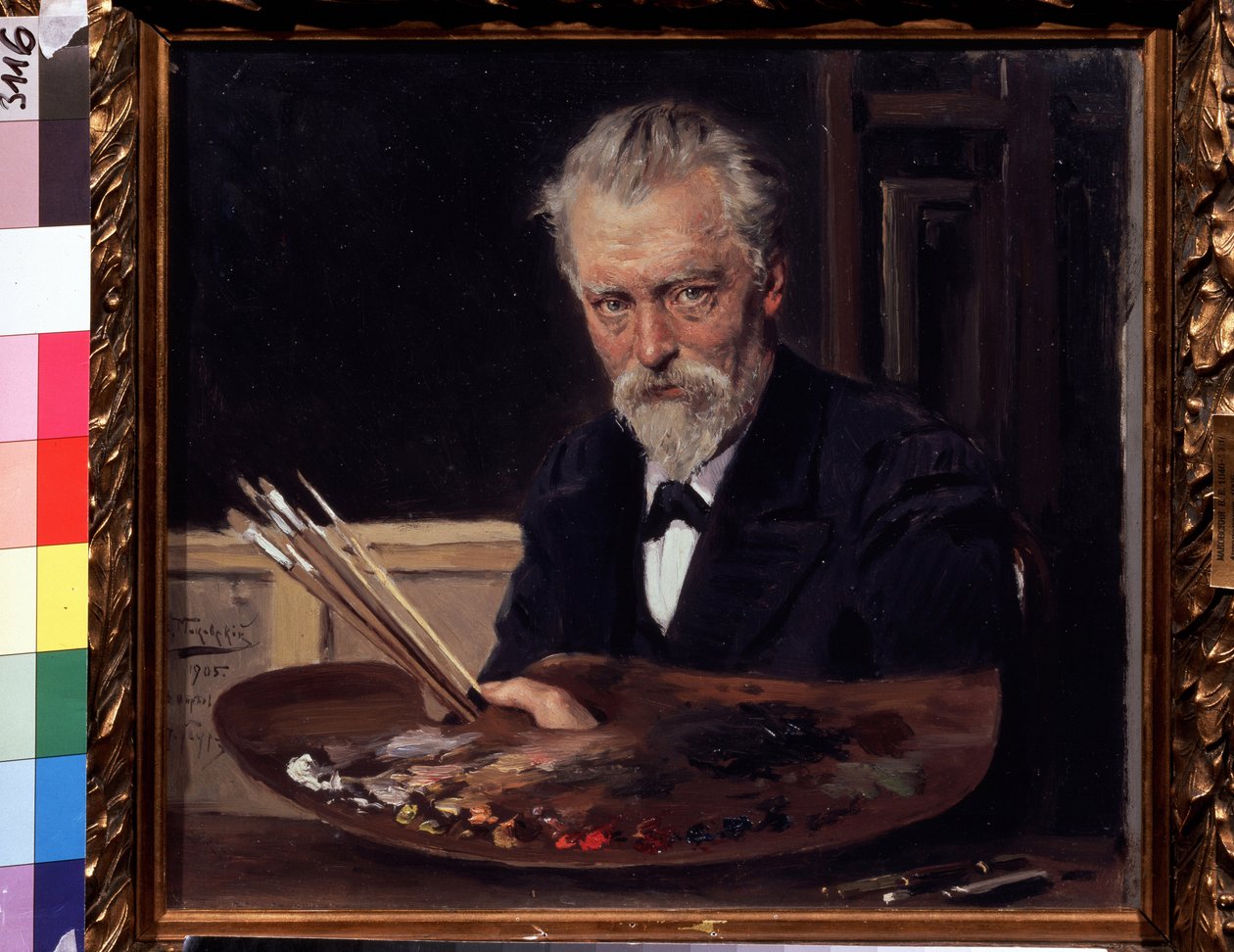 オートポートレート（自画像）。 Vladimir Yegorovich Makovski (Makovsky, Makovskij) (1846-1920) による絵画、huile sur toile 作： ウラジミール・エゴロヴィッチ・マコフスキー