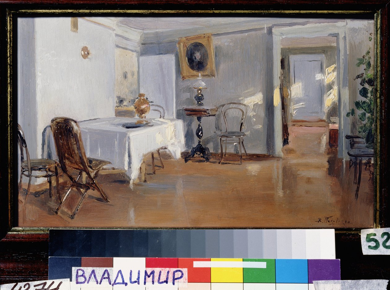 インテリア。 ロシアの装飾と家具、19 世紀後半。 Vladimir Yegorovich Makovsky (Makovsky, Makovskij) (1846-1920) による絵画、キャンバスに油彩、1890 年頃。19 世紀のロシアの芸術。 国立美術館、ヤロスラヴリ (ロシア)。 作： ウラジミール・エゴロヴィッチ・マコフスキー