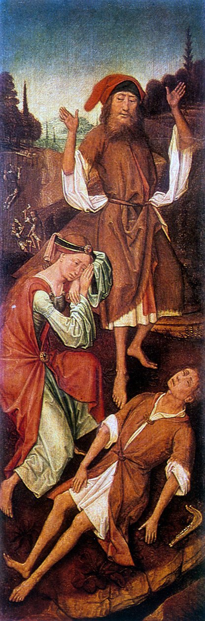 Adam and Eve Crying over the Body of Able、c1440-1495。 作： ヴランケ・ファン・デル・ストックト