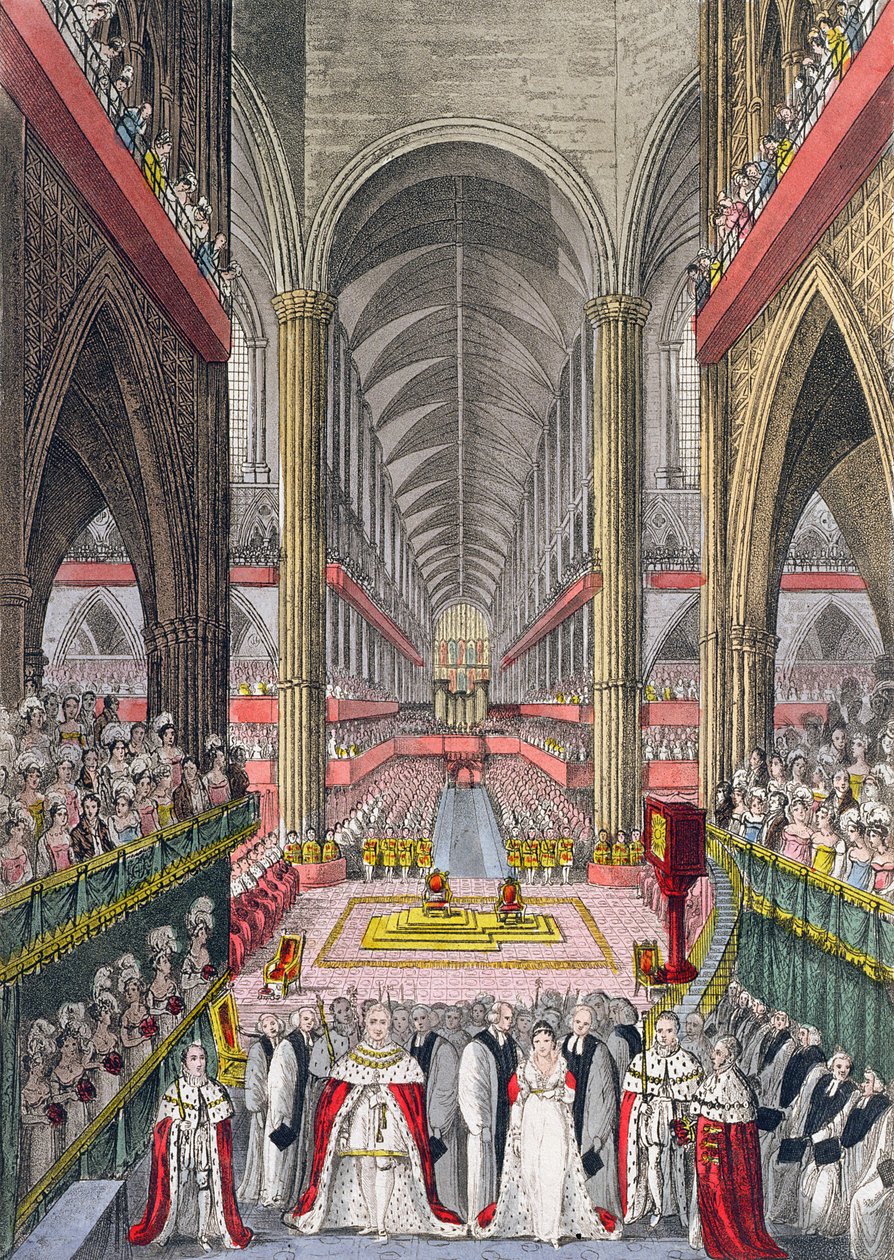 1830年、1831年にウェストミンスター寺院でウィリアム4世（1765〜1837年）とアデレード（1792〜1849年）の戴冠式（アクアチント） 作： W.読む