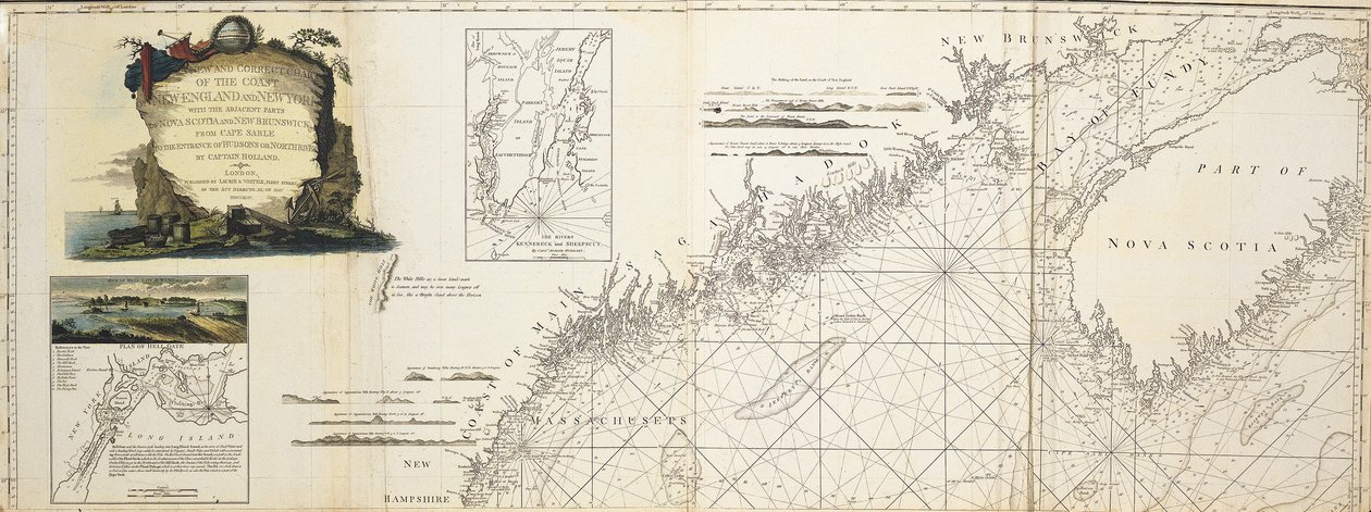 Eine neue und korrekte Karte der Küste von Neuengland und New York mit den angrenzenden Teilen von Nova Scotia und New Brunswick von Kap Sable bis zum Eingang des Hudsons oder North River von Captain Holland; Ansicht von Hell Gate von W. A. Williams 1777 ( von W.A. Williams