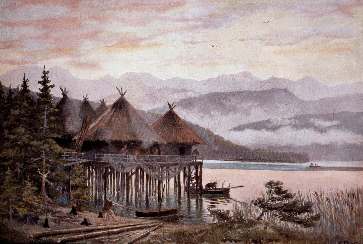 先史時代：ピエールの時代のチューリッヒ湖畔の高床式の村バティ。湖畔の村、先史時代の湖畔の町。W.クランツの絵画より 20世紀 作： W.（後）花輪