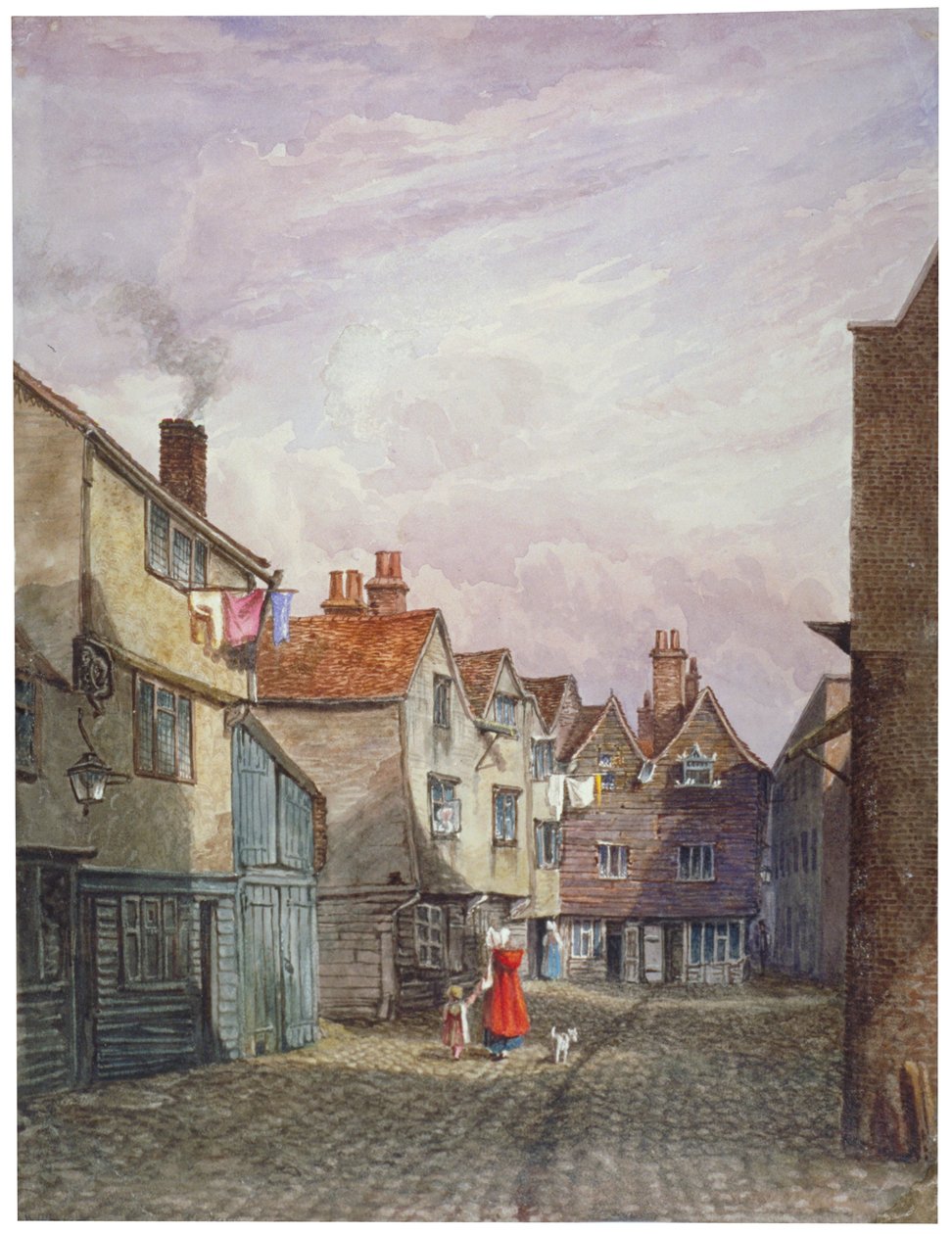 ロンドン、バーモンジーのクラウン・コートを歩く女性と子供の風景、1825年頃 作： Wバーカー