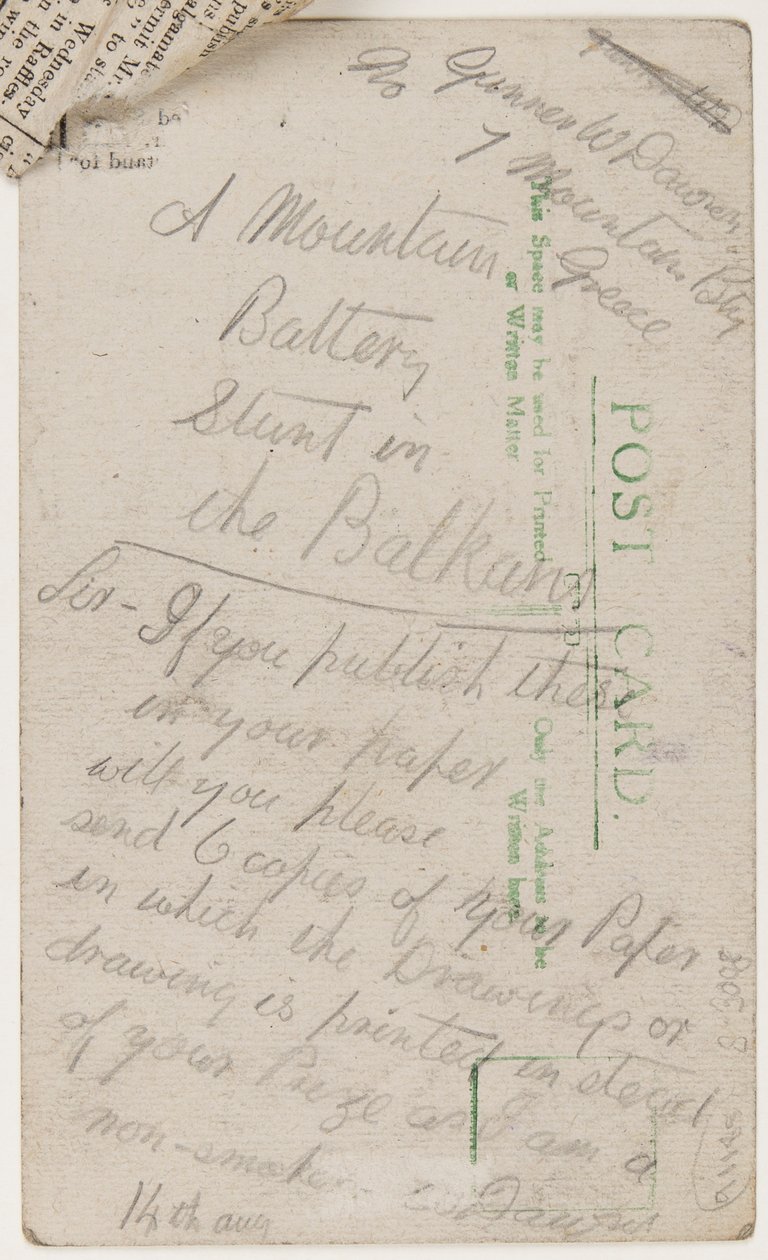 1918年8月14日、リバプールウィークリークーリエの編集者へのポストカード（はがきに鉛筆） 作： W・ドーソン