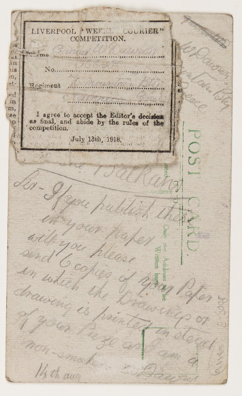 1918年8月14日、リバプールウィークリークーリエの編集者へのポストカード（はがきに鉛筆） 作： W・ドーソン