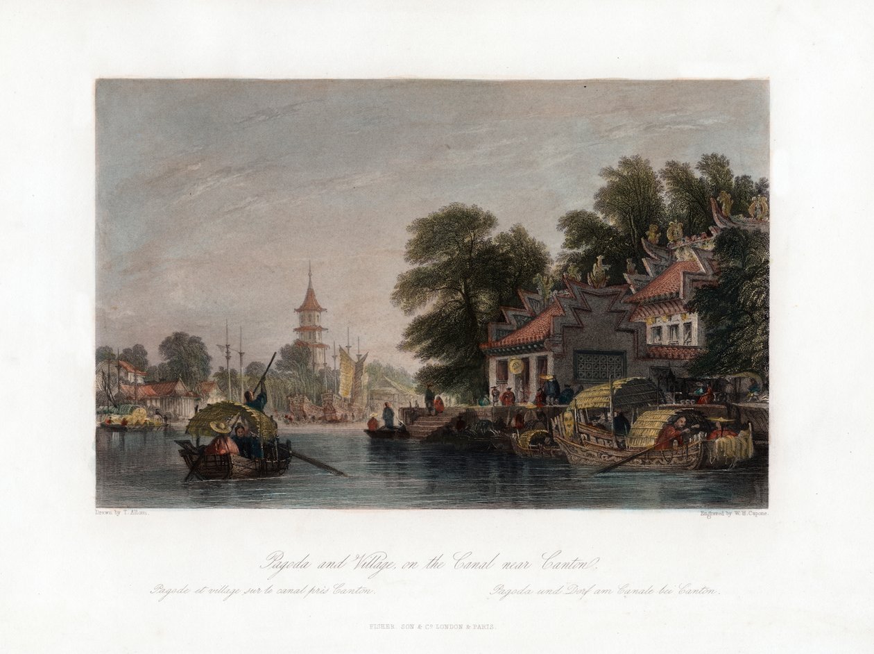 中国、カントン近くの運河沿いの塔と村、c1840。 作： WHカポネ