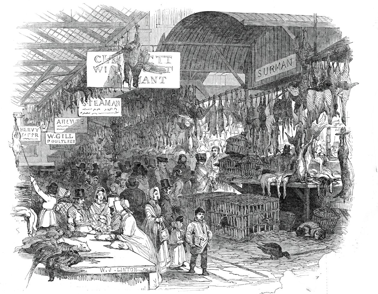 1845年のクリスマスイブに開催されたLeadenhall Market。 作： WJリントン